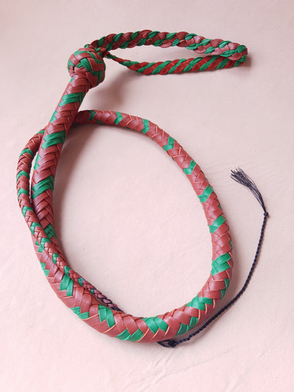 Fouet single tail - 80 cm en cuir tressé - marron & vert