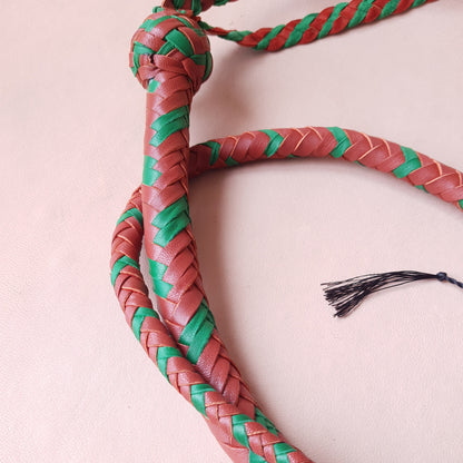 Fouet single tail - 80 cm en cuir tressé - marron & vert