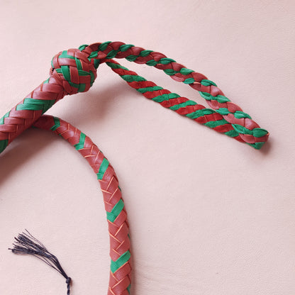 Fouet single tail - 80 cm en cuir tressé - marron & vert