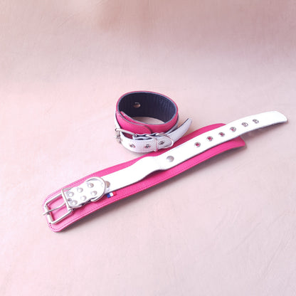 Menottes cuir - 27 cm - rose & blanc