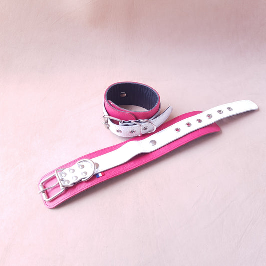 Menottes cuir - 27 cm - rose & blanc